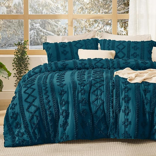 Bedsure Tufted Boho Comforter Set King Size - Teal Boho Bed Set, GentleSoft 3 Pieces Farmhouse Shabby Chic Embroidery Bedding, Gifts for Woman, Soft Jacquard King Comforter for All Seasons