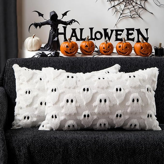 DFXSZ Halloween Pillow Covers 12x20 inch Set of 2 White Ghost Throw Pillow Cases Soft Plush Faux Fur Wool Cushion Case for Chair Bedroom Living Room Home Decor PTK03A12