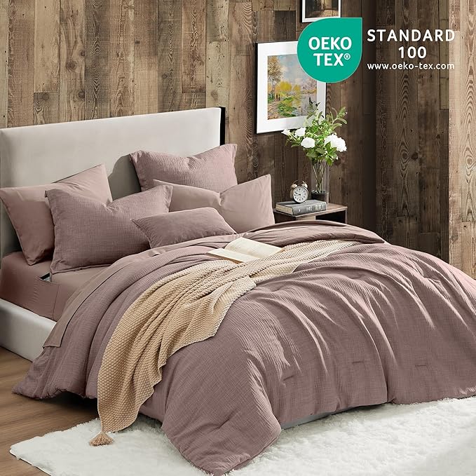 Geniospin King Size Comforter Set- 7 Piece Misty Rose Textured King Bedding Set, Soft Solid Bed in a Bag for All Season, King Comforter Set with Sheets(Misty Rose,102''x90'')