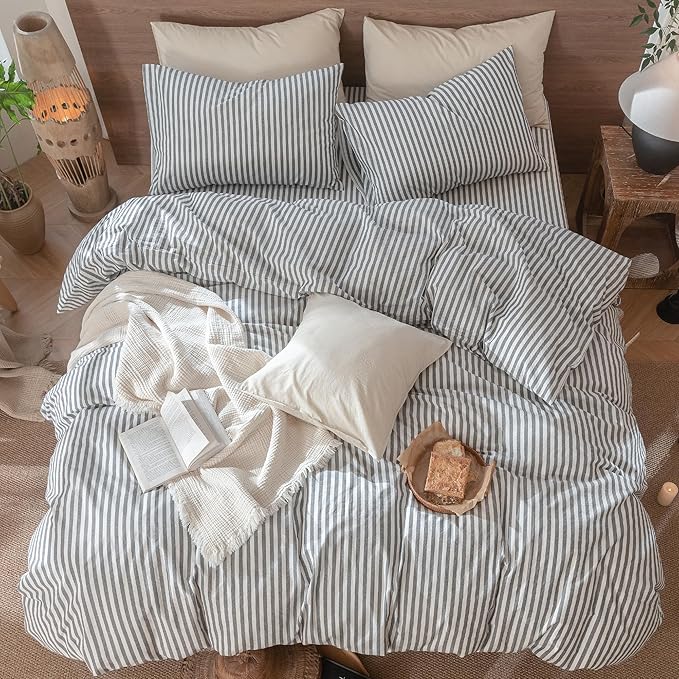 MooMee Striped Duvet Cover Set 100% Washed Cotton Linen Like Textured Breathable Durable Soft Comfy (Dark Grey White Classic Stripes, Super King Plus 120"x120")