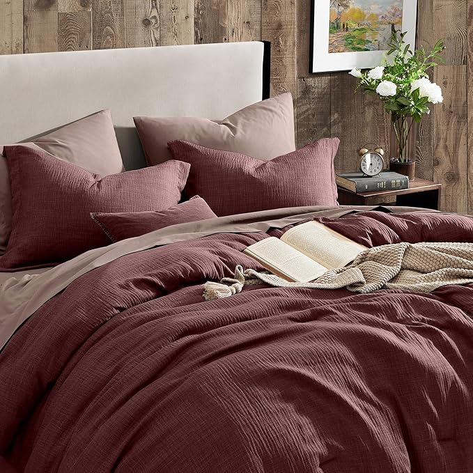 Geniospin Queen Comforter Set - 7 Pieces Comforter Queen Size, Soft Solid Bedding Set for All Season, Textured Bed in a Bag with Sheets, Pillowcases & Shams (Burgundy, 90''x90'')