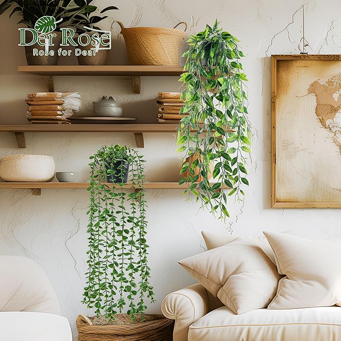 Der Rose 8Pcs Fake Plants Hanging Artificial Ivy Vine Faux Eucalyptus Hanging Plants for Home Boho Wall Shelf Indoor Outdoor Decor (Black Pots)