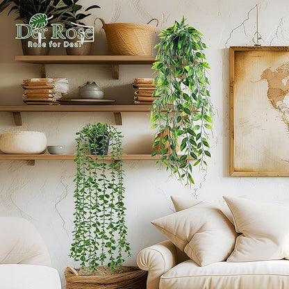 Der Rose 8Pcs Fake Plants Hanging Artificial Ivy Vine Faux Eucalyptus Hanging Plants for Home Boho Wall Shelf Indoor Outdoor Decor (Black Pots)