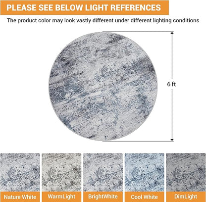Round Rug 6ft Circle Rug Washable: Carpet Small Circular Area Rug for Entryway Kitchen Bedroom Dining Room Living Room 6 Feet Abstract College Dorm Non Slip Low Pile Blue Grey