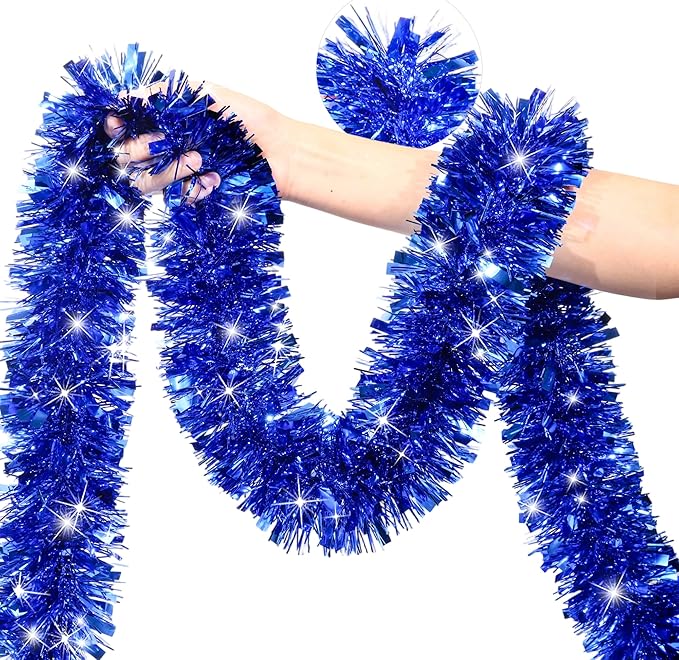 50 FT Blue Christmas Tinsel Garland Christmas Decorations for Xmas Tree Decor, Shiny Metallic Twist Hanging Tinsel Garlands for Stairs Mantle Fireplace Home Indoor Outdoor Holiday Party Supplies