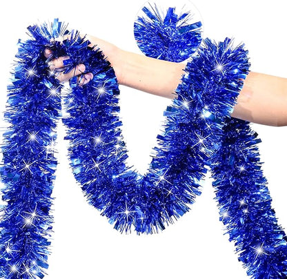 50 FT Blue Christmas Tinsel Garland Christmas Decorations for Xmas Tree Decor, Shiny Metallic Twist Hanging Tinsel Garlands for Stairs Mantle Fireplace Home Indoor Outdoor Holiday Party Supplies