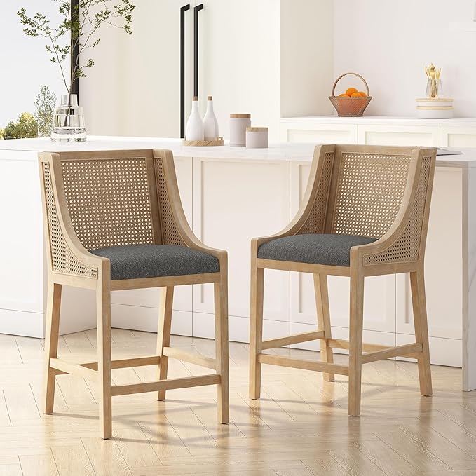 Merax 25.5" Fabric Upholstered Wood and Cane Counter Stools with Backrest,Set of 2,French Country Barstools Chair Dining Chair