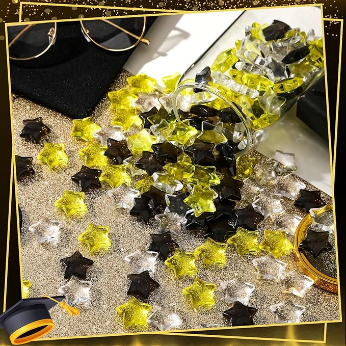 120 Pcs Happy New Years Acrylic Star Translucent Crystals Gems New Year 2026 3D Star Shaped Gems for Vase Filler Ice Rocks, Party Wedding Arts Crafts Decoration (Blak/Gold/Translucent)