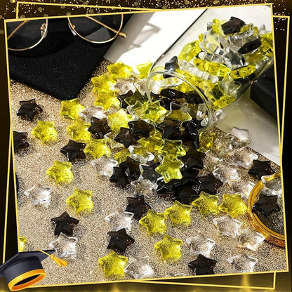 120 Pcs Happy New Years Acrylic Star Translucent Crystals Gems New Year 2026 3D Star Shaped Gems for Vase Filler Ice Rocks, Party Wedding Arts Crafts Decoration (Blak/Gold/Translucent)