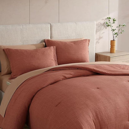 Geniospin Full Size Comforter Set- 7 Pieces Terracotta Textured King Bedding Set, Soft Solid Bed in a Bag for All Seasons, Fall Comforter Set with Sheets
