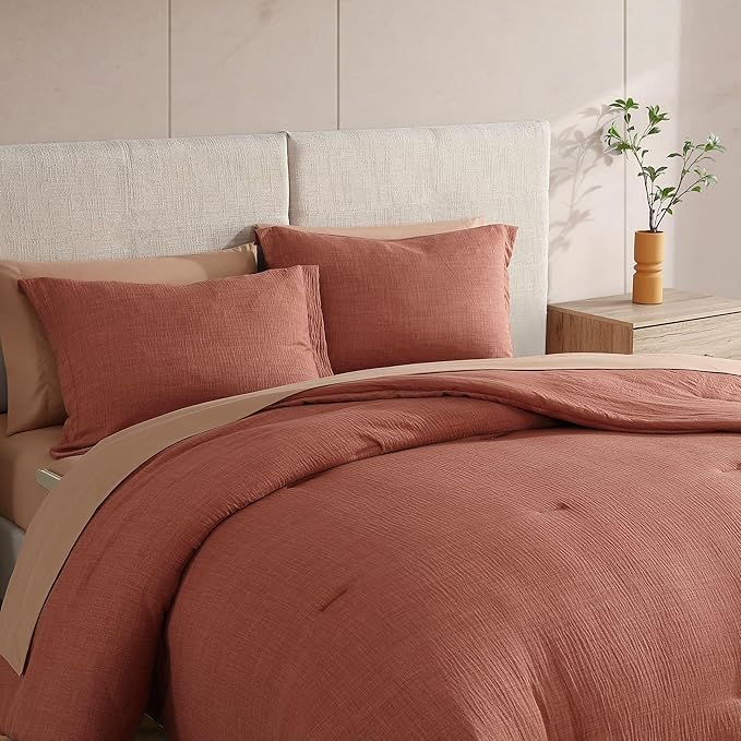 Geniospin Queen Size Comforter Set- 7 Pieces Terracotta Textured King Bedding Set, Soft Solid Bed in a Bag for All Seasons, Fall Comforter Set with Sheets