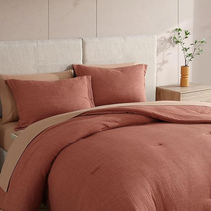 Geniospin King Size Comforter Set- 7 Pieces Terracotta Textured King Bedding Set, Soft Solid Bed in a Bag for All Seasons, Fall Comforter Set with Sheets