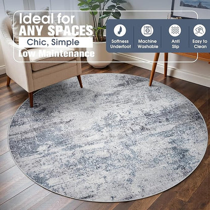 Round Rug 6ft Circle Rug Washable: Carpet Small Circular Area Rug for Entryway Kitchen Bedroom Dining Room Living Room 6 Feet Abstract College Dorm Non Slip Low Pile Blue Grey