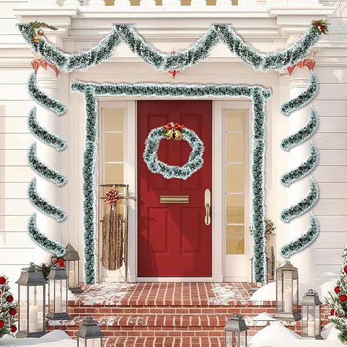 50 Feet Green Christmas Tinsel Garland for Christmas Tree Decorations, Xmas Metallic Twist Shiny Hanging Garland Decor for Mantle Stairs Fireplace Home Holiday Indoor Outdoor