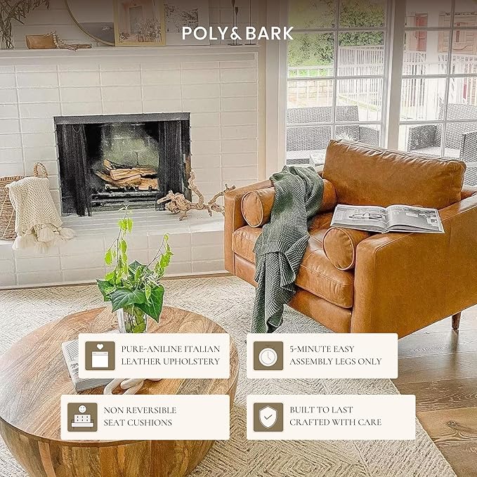 Poly & Bark Napa Lounge Chair - Leather Chair with Tufted Back - Full-Grain Living Room Armchair with Feather-Down Topper - Single Couch - Vintage Italian Leather in Cognac Tan