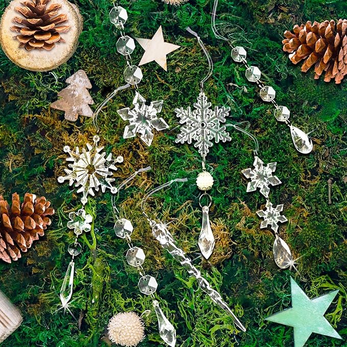 Christmas Tree Decoration Crystal Ornaments - 48pcs Acrylic Christmas Ornaments Snowflake Icicle Drop Crystal Hanging Ornaments for Xmas Tree Winter Holiday Frozen Party Decorations