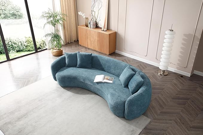 KEIKI 103" Boucle Half Moon Curved Sectional Sofa with 4 Throw Pillows, Modern 5-Seater Teddy Fleece Leisure Couch with Curved Backrest, Easy Assembly, for Apartment, Living Room, Bedroom, Blue