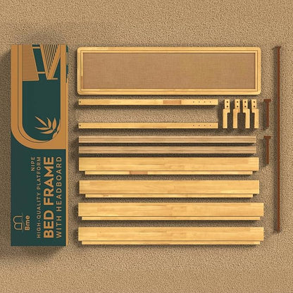 Bme Nipe Bed Frame with Headboard, Bohemian and Mid-Century Modern Style, Solid Rubber Wood Platform Bed with Slat Support, No Box Spring Needed, Easy Assembly, Queen - Natural