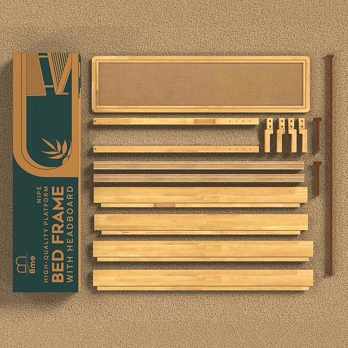 Bme Nipe 14 Inch Bohemian Bed Frame with Adjustable Woven Headboard - Rustic & Vintage Unique Style with Acacia Wood - No Box Spring Needed - Easy Assembly - Full, Natural