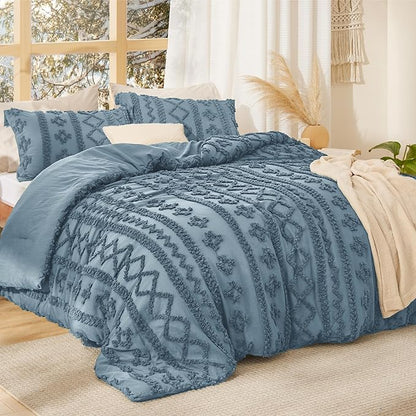 Bedsure Tufted Boho Comforter Set King Size - Grayish Blue Boho Bed Set, GentleSoft™ 3 Pieces Farmhouse Shabby Chic Embroidery Bedding, Gifts for Woman, Soft Jacquard King Comforter for All Seasons