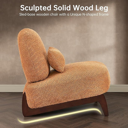 Morden Fort Boucle Chair, Upholstered Accent Chair Tilted Wooden Leg with Durable Comfy Boucle Pet-Friendly Thick Cushion & Pillow Armless Modern Chairs for Living Room Bedroom Reading, Toffee Orange