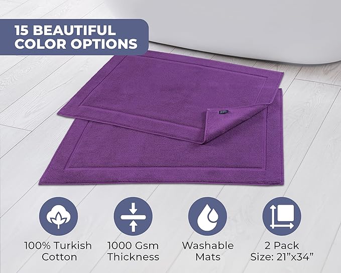 Hawmam Linen Bath Mats 21 x 34 inches Pack of 2 100% Ring Spun Cotton Banded Design, Purple