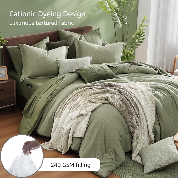 Monbix Oversized Queen Comforter Set - 7 Pieces Cationic Dyeing Sage Green Bed in a Bag Bedding Sets with Comforter, Sheets, Pillowcases & Shams, Reversible Bedding Comforters Sets