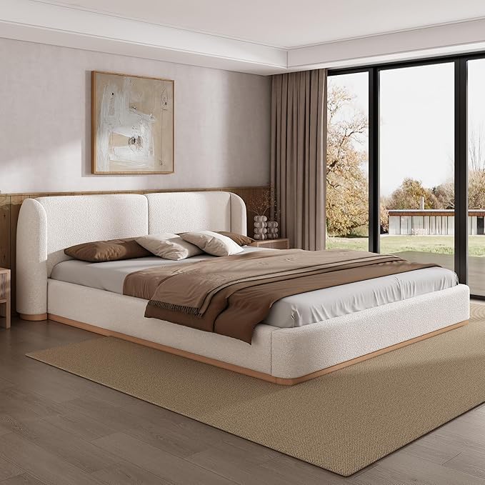 King Size Bed Frame, Upholstered Cloud Boucle Platform Beds Frames with Headboard, Anti-Collision Soft Rounded Corners Footboard, No Box Spring Required, Easy Assembly (36" White, King)