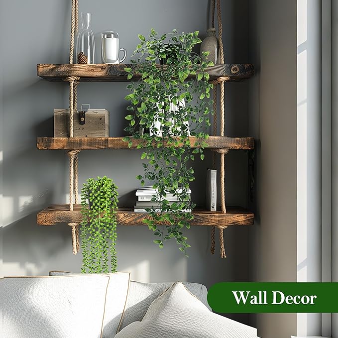 Der Rose 8Pcs Fake Plants Hanging Artificial Ivy Vine Faux Eucalyptus Hanging Plants for Home Boho Wall Shelf Indoor Outdoor Decor (Black Pots)