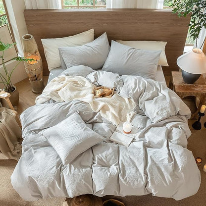 MooMee Wavy Striped Duvet Cover Set 100% Washed Cotton Linen Like Textured Breathable Durable Soft Comfy (Light Grey, Super Queen 90"x98")