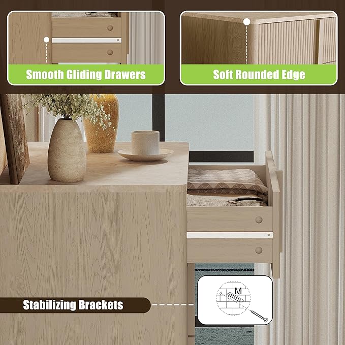 Fluted Dresser for Bedroom with 6 Drawers, 51'' H Modern Chest of Drawers with Wooden Handle, Wooden Dresser TV Stand, Wood Closet Clothes Storage Organizer for Living Room, Hallway, Whitewashed Oak