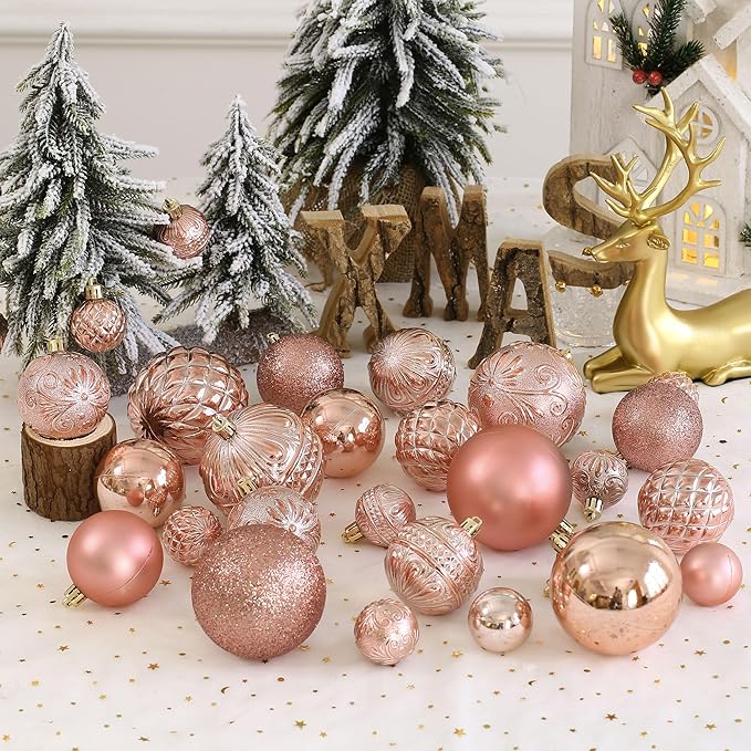 Christmas Ball Ornaments Rose Gold Christmas Tree Decorations with Hang Rope-36pcs Shatterproof Christmas Ornaments Set with 6 Styles in 3 Sizes(Small Medium Large)