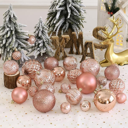 Christmas Ball Ornaments Rose Gold Christmas Tree Decorations with Hang Rope-36pcs Shatterproof Christmas Ornaments Set with 6 Styles in 3 Sizes(Small Medium Large)