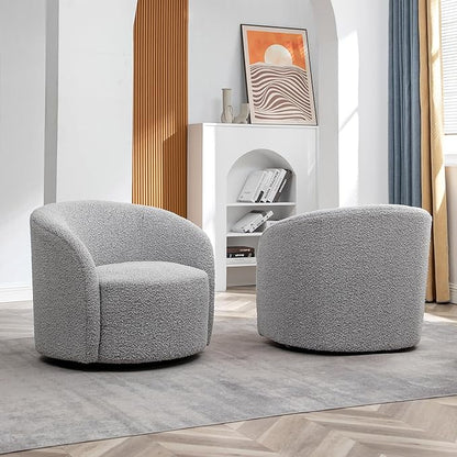 KINWELL 34" W Swivel Barrel Chair Set of 2, Mid Century Modern Round Upholstered Boucle Swivel Accent Chairs, No Assembly Chair for Living Room Bedroom Reading, Black White