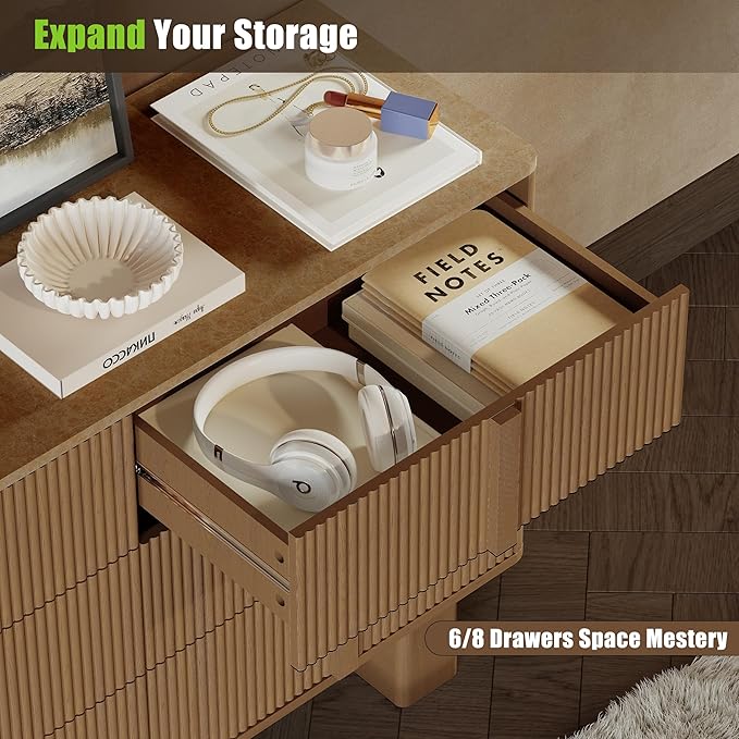 Fluted Dresser for Bedroom with 6 Drawers,47" Wide Modern Chest of Drawers with Wooden Handle, Wooden Dresser TV Stand, Wood Closet Clothes Storage Organizer for Living Room, Hallway, Natural Oak