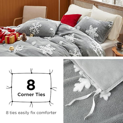 Bedsure Fluffy Duvet Cover Set - Ultra Soft Plush Shaggy Comforter Cover Queen Size, Warm Flannel Fleece Bed Sets for Winter, 3 Pieces, Snowflake Pattern, Grey