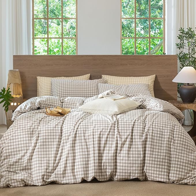 MooMee Gingham Duvet Cover Set 100% Washed Cotton Linen Like Textured Breathable Durable Soft Comfy Modern Checkered Design (Tannish Linen Grey Gingham, Super Queen 90"x98")