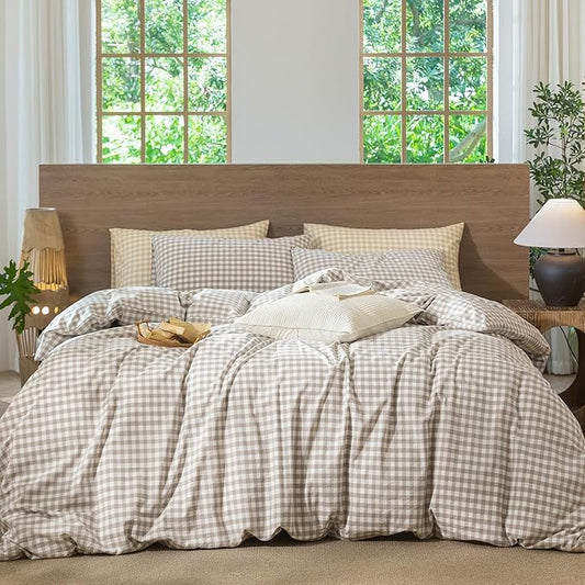 MooMee Gingham Duvet Cover Set 100% Washed Cotton Linen Like Textured Breathable Durable Soft Comfy Modern Checkered Design (Tannish Linen Grey Gingham, Oversized Queen 98"x98")