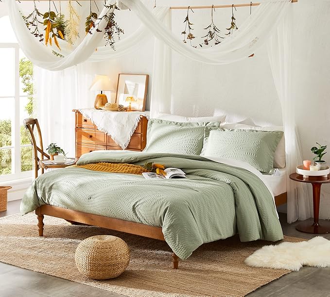 Geniospin Full Size Comforter Set - 7 Pieces Textured Sage Green Bedding Sets, Boho Shabby Chic Comforter Set, All Season Comfortable Bed in a Bag with Comforter, Sheets, Pillowcases & Shams