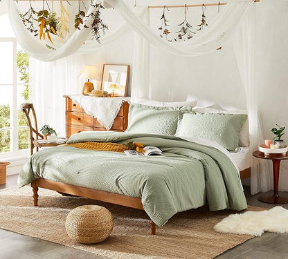 Geniospin Full Size Comforter Set - 7 Pieces Textured Sage Green Bedding Sets, Boho Shabby Chic Comforter Set, All Season Comfortable Bed in a Bag with Comforter, Sheets, Pillowcases & Shams