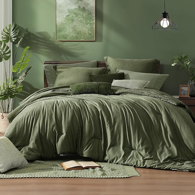 Monbix Queen Comforter Set - 7 Pieces Cationic Dyeing Olive Green Bed in a Bag Queen Bedding Sets with Comforter, Sheets, Pillowcases & Shams, Reversible Bedding Comforters Sets