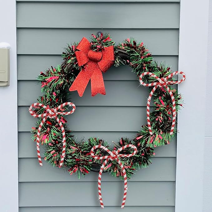 FLAIR GIFTS 6 Pcs 4.3" x 6" 2025 Christmas Bows for Tree Decor, Candy Cane Sparkly Glitter Rhinestone Bow Ornaments with Twist Tie for Xmas Decoration, Wreath, Garland, Gift Wrapping