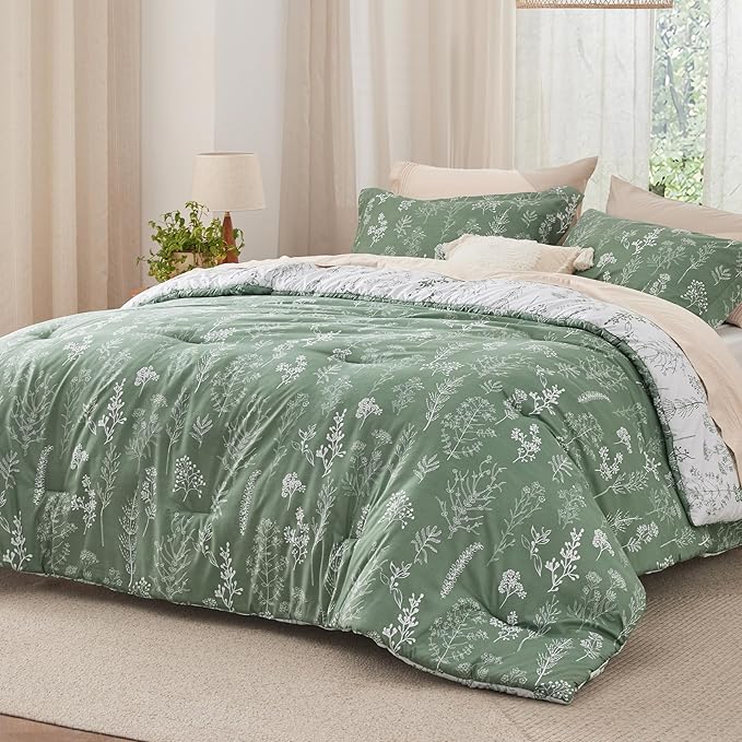 Bedsure Queen Comforter Set - Green Bed Set, 3 Pieces Cute Floral Bedding, 1 Soft Reversible Botanical Flowers Comforter and 2 Pillow Shams
