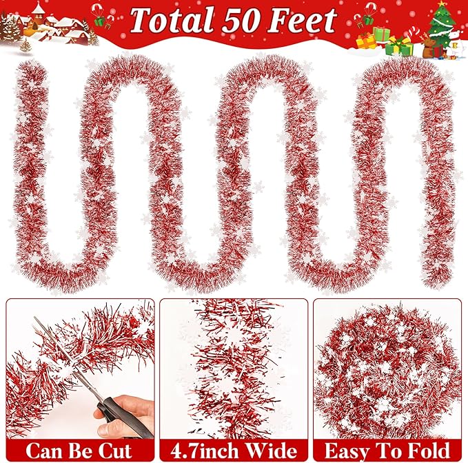 50Ft Christmas Red and Snowflake Tinsel Garland Metallic Twist Shiny Garland for Xmas Christmas Tree Ceiling Hanging Decorations Holiday Wedding Home Party Supplies Indoor Outdoor Decor