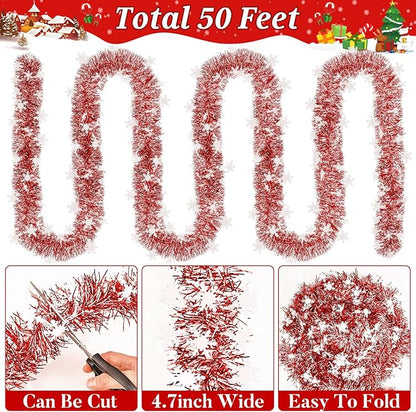 50Ft Christmas Red and Snowflake Tinsel Garland Metallic Twist Shiny Garland for Xmas Christmas Tree Ceiling Hanging Decorations Holiday Wedding Home Party Supplies Indoor Outdoor Decor