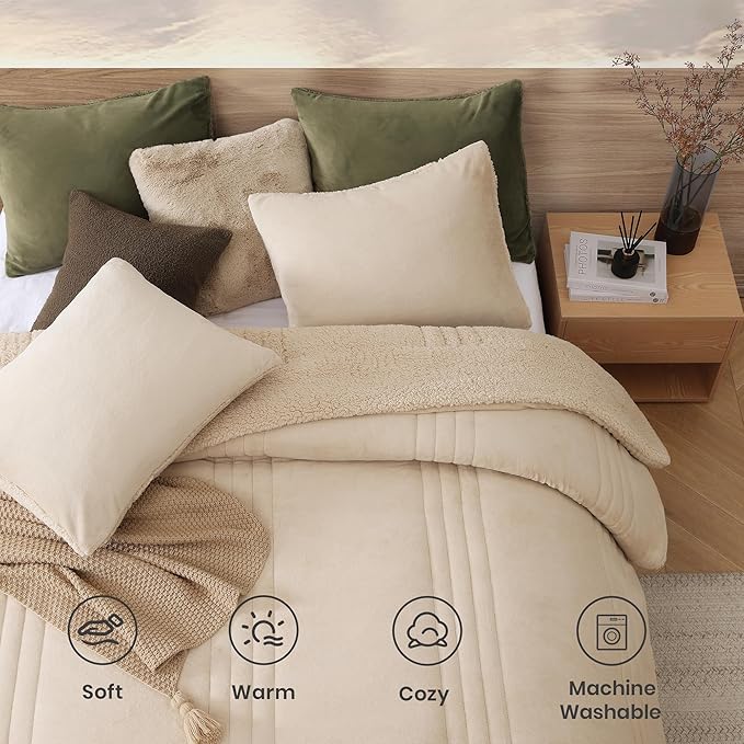 Monbix Fluffy Queen Comforter Set Beige, Sherpa Plush Fuzzy Comforter 3 Piece for Queen Size Bed, Luxury Soft Winter Warm Bedding Set