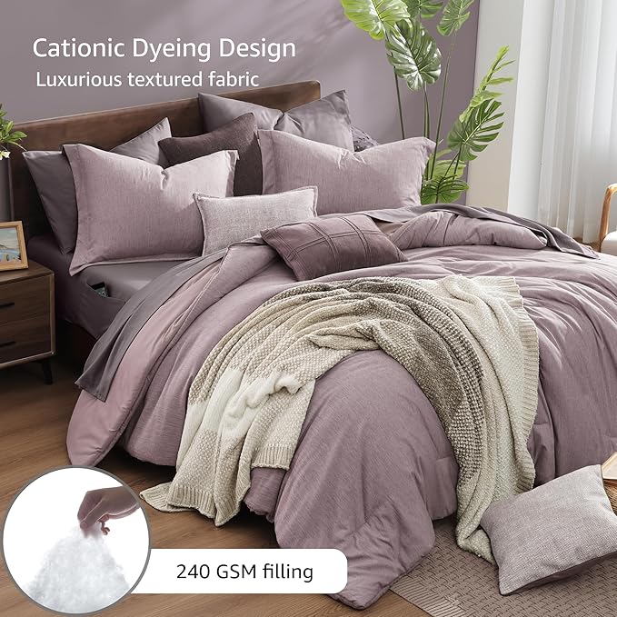 Monbix King Size Comforter Set, Lilac King Size Bedding Set Reversible, King Comforter Set 7 Pieces, Cationic Dyeing Bed in a Bag with Comforter, Sheets, Pillowcases & Shams