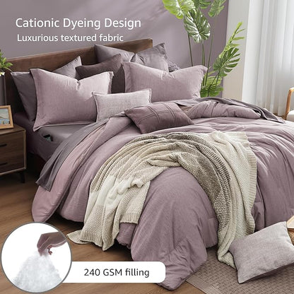 Monbix King Size Comforter Set, Lilac King Size Bedding Set Reversible, King Comforter Set 7 Pieces, Cationic Dyeing Bed in a Bag with Comforter, Sheets, Pillowcases & Shams