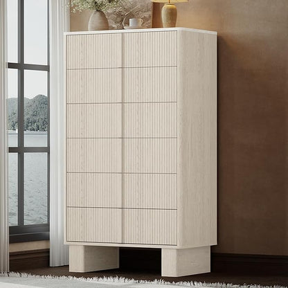 Fluted Dresser for Bedroom with 6 Drawers, 51'' H Modern Chest of Drawers with Wooden Handle, Wooden Dresser TV Stand, Wood Closet Clothes Storage Organizer for Living Room, Hallway, Whitewashed Oak