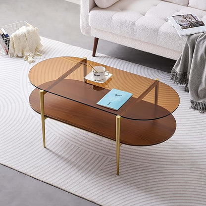 Oval Glass Coffee Table, Mid-Century Modern Design, L41 x W21 x H17 inch, for Living Room, 2-Tier Structure, Amber Glass Top and Walnut Finish Wood Shelf, Conical Legs with Gold Finish Frame